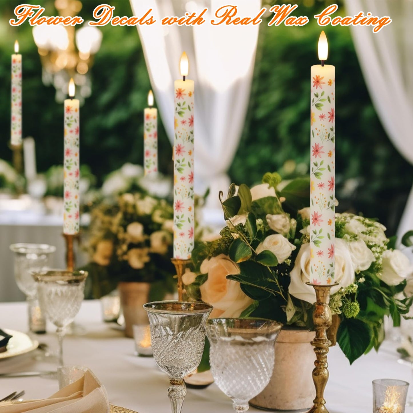 KunSwenn Flameless Taper Candles, Real Wax Flickering Taper Candles Battery Operated with 3D Wick, 4 Pcs White LED Flameless Candlesticks for Halloween Christmas Holiday Wedding Decor