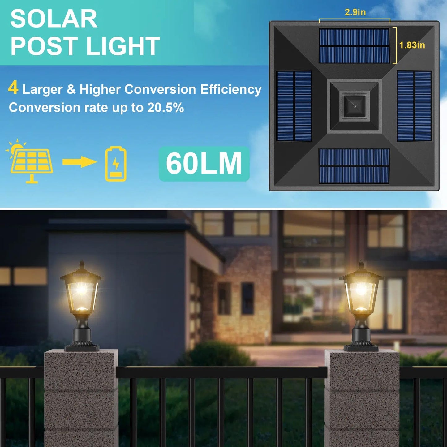 Greluna Solar Post Lights, 3000K Dusk to Dawn Outdoor Lamp, Waterproof, Pier Mount Base, Warm White, Model PL007