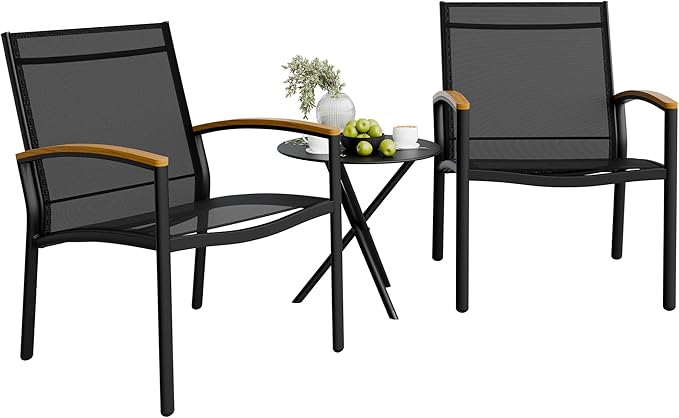 Shintenchi 3 Pieces Patio Bistro Sets, Outdoor Textilene Fabric Conversation Bistro Set, Textilene Fabric Front Porch Chai...