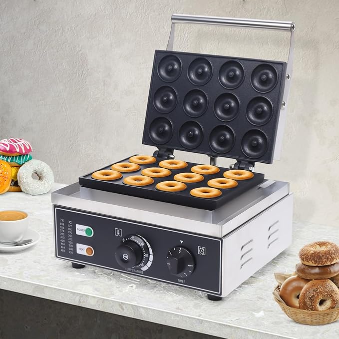 1550W Electric Donut Maker, 12 Hole Nonstick Doughnut Machine Commercial Waffle Maker Crepe Maker for Restaurant Bakeries Family, Temperature Range 122-572℉