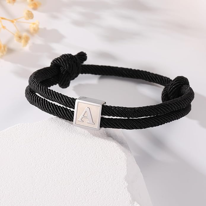 Zocomi Valentines Day Gifts for Him - Rope Initial Bracelet for Men Boys Girls, Stainless Steel A-Z Letter Charm Bracelet, Handmade Braided Bracelet Adjustable 7-13 Inches Jewelry Gifts for Men