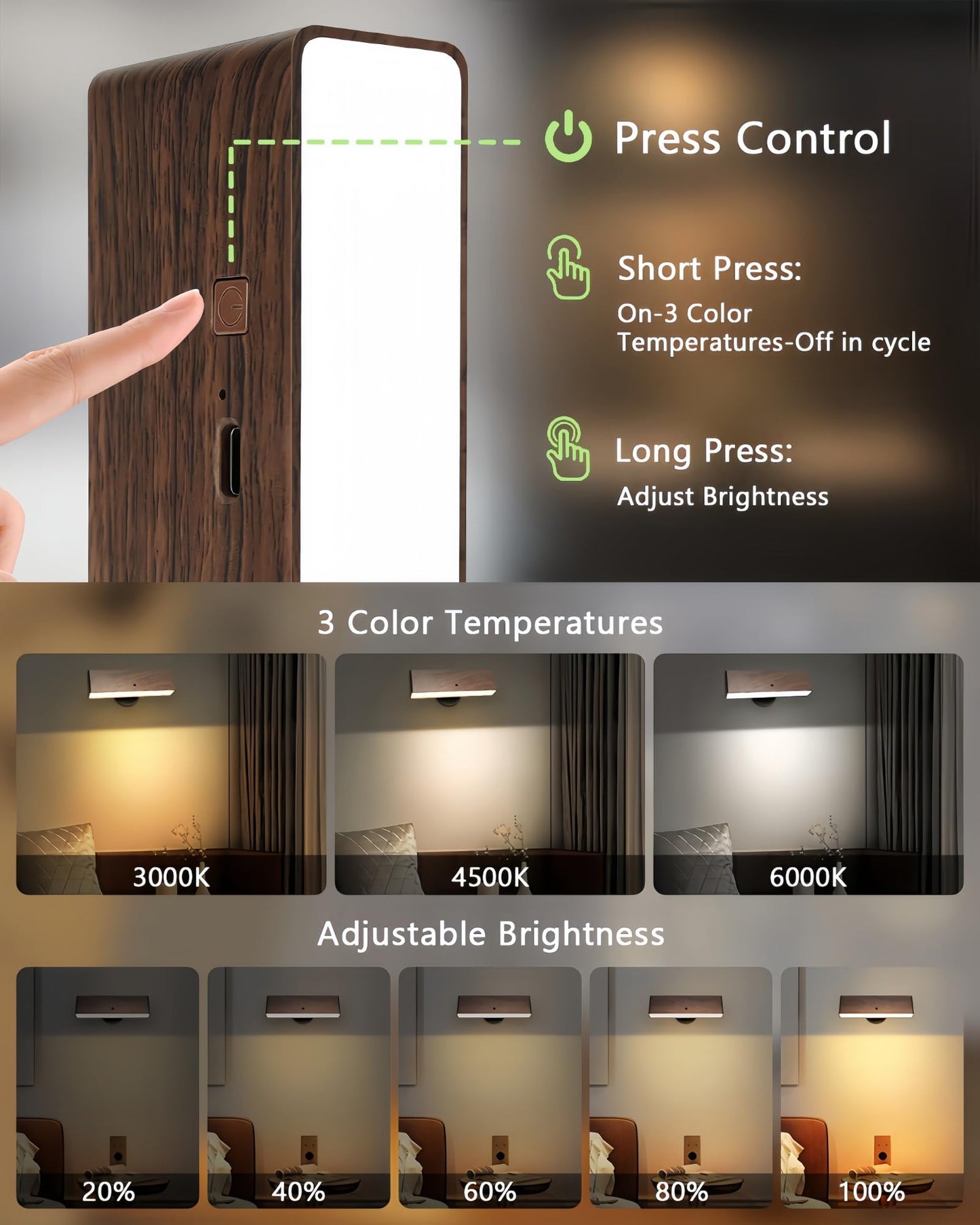 Battery Operated Wall Sconces Set Of 2: Wireless Rechargeable Wall Light With Remote&Button  360?Rotate Magnetic Scone Lighting Led Wall Mount Sconce Lamp For Bedroom Bedside Reading  Wood