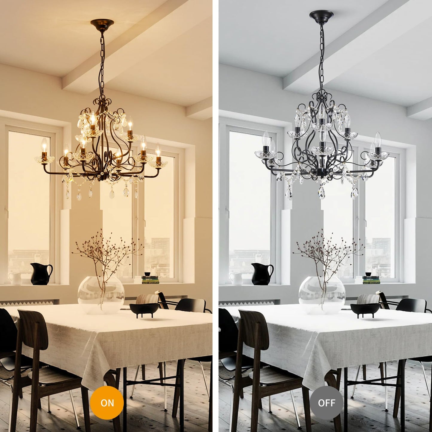 Wuzups 9-Light Crystal Candle Chandelier Pendant Flushmount Ceiling Light Modern Lighting Fixture For Bedroom Hallway Bar Kitchen Bathroom  H 18.1 X W 25.6  Black  E12 Base
