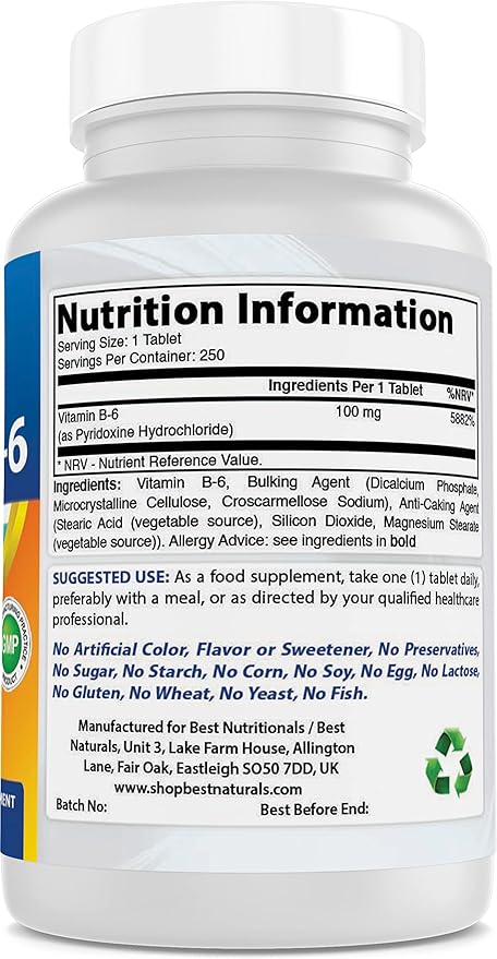 Best Naturals Vitamin B6 Tablet, 100 mg, 250 Count