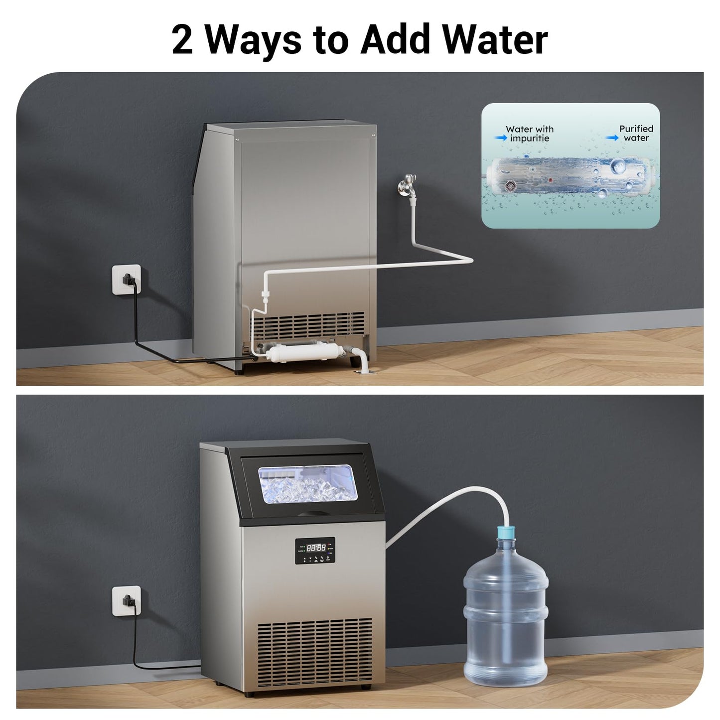 ETL Approval Commercial Ice Maker Machine 200 Lbs/24H Stainless Steel, with 50Lbs Storage Bin, Under Counter or Freestanding Ice Maker, 55 Ice Cubes in 8-15 Minutes for Home & Commercial