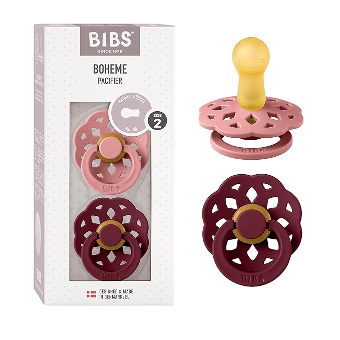 BIBS Pacifiers 6-18 Months | Boheme Collection 2-Pack | BPA-Free Round Nipple | Made in Denmark | Dusty Pink/Elderberry Color Pacifier