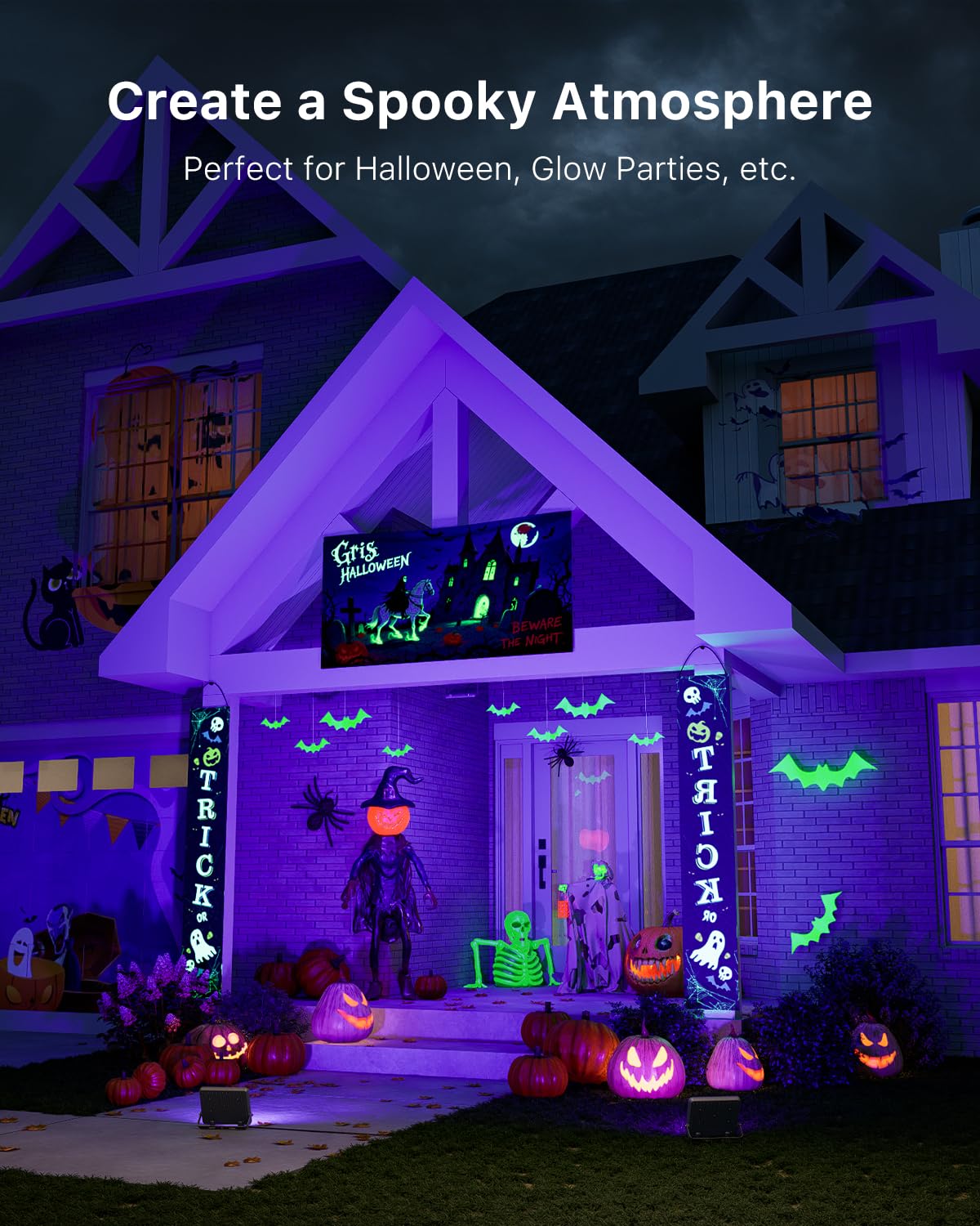 4 Pack 50W Halloween Blacklight Flood Lights Wired 120V Ip66 Waterproof Uv Led Black Lights For Holiday Decor  Skeleton  Bat  Witch  Body discomfort-reducingt  Glow Party  Purple Ambiance Lighting For Wall  Yard