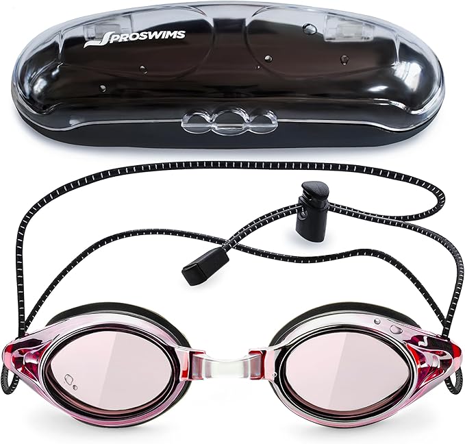 Proswims Anti-Fog Racing Swimming Goggles with Bungee Strap, Hard Case and Bonus Swim Goggles Microfiber Cleaning Cloth