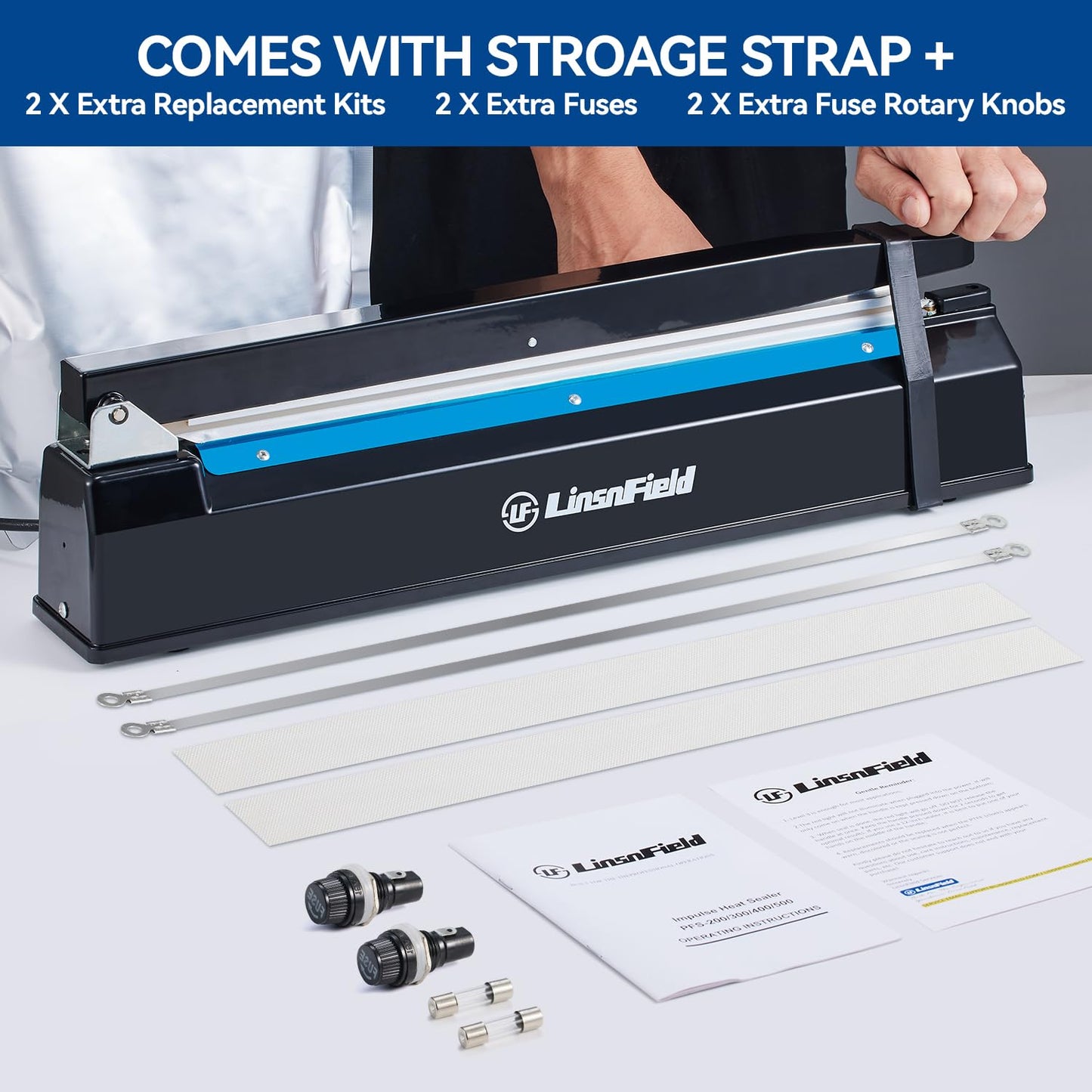 LinsnField Sealer Pro, 8-inch Impulse Heat Sealer, 2-mm Sealing Width Super Heavy Duty Bag Sealing Machine with Extra 2 Replacements,Black