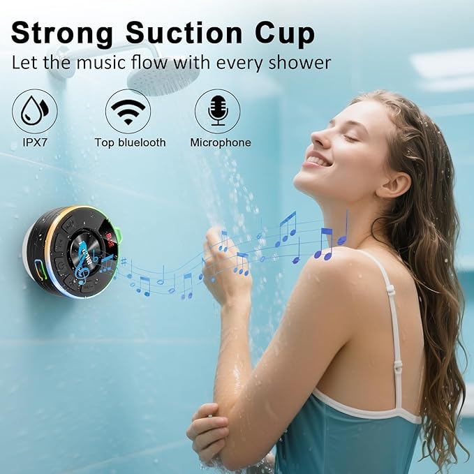 Certified IPX7 Waterproof Shower Bluetooth Speaker, Portable Shower Speaker Loud Clear Sound with Suction Cup, Wireless Portable for Bathroom, Hook Clip, Built-in Mic, 10H Playtime, Great Gift Idea