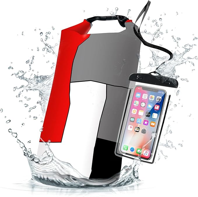 Waterproof Dry Bag,Roll Top Red and Black Geometric Waterproof Backpack 5L/10L/20L Floating and Lightweight Bags for Kayaking, Boating, Fishing, Swimming and Camping with Waterproof Phone Case
