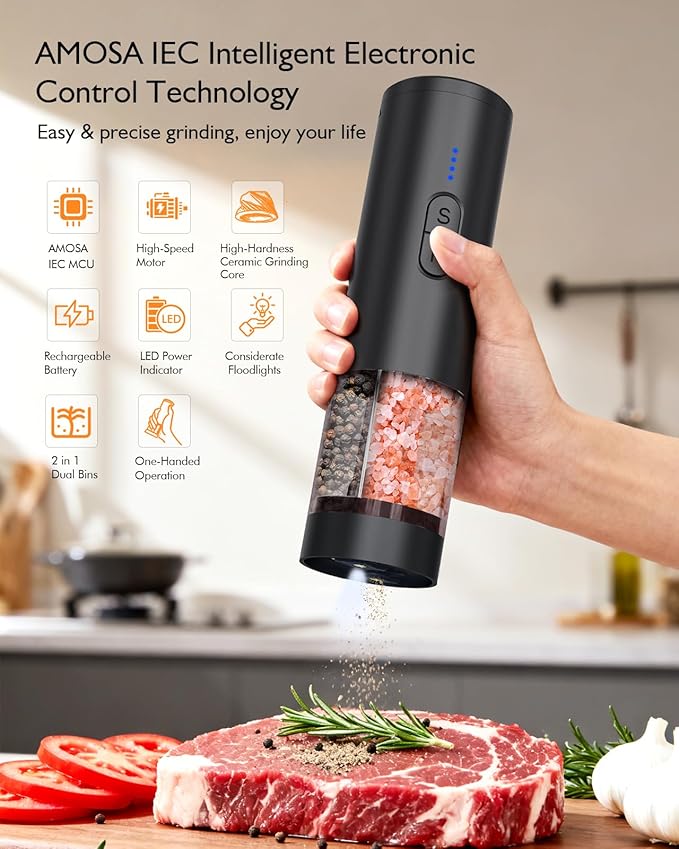 Electric Salt and Pepper Grinder Set, 2 in 1 Dual Bins USB Rechargeable Refillable Automatic Salt and Pepper Mill Shaker with LED Light, Dual Ceramic Grinder Adjustable Coarseness, House Warming Gift