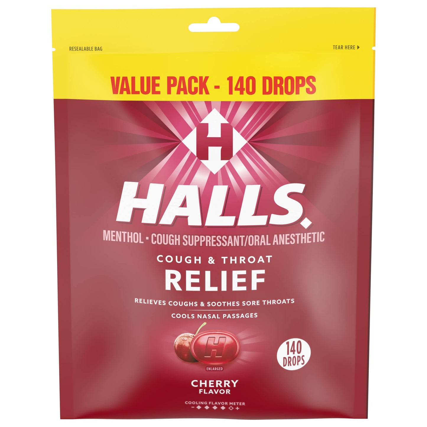 Halls Relief Cherry Cough Drops, Value Pack, 140 Drops (Pack of 5)