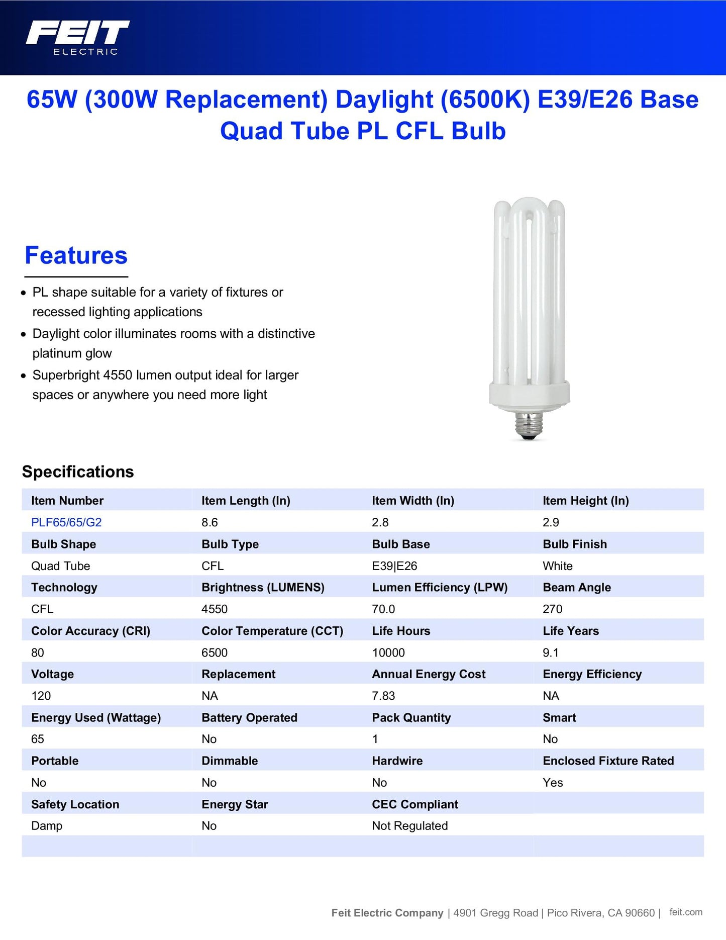 Feit Electric CFL Quad Tube Light Bulb, 300W Equivalent, E26 Base with Adapter, 65W, 6500K Daylight, Model PLF65/65, 1