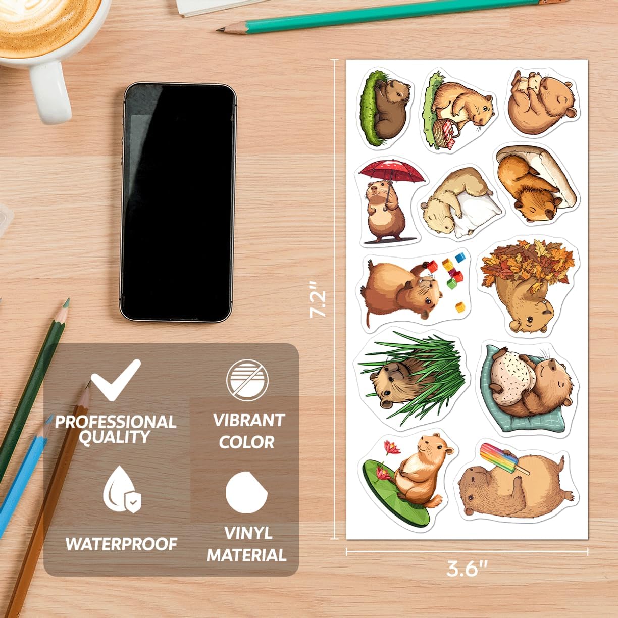Capybara Vinyl Stickers Pack 108Pcs Cute Animal Aesthetic Cartoon Decals Waterproof for Laptop Water Bottle Skateboard Notebook Scrapbook Perfect Teens Adults Decor Wall