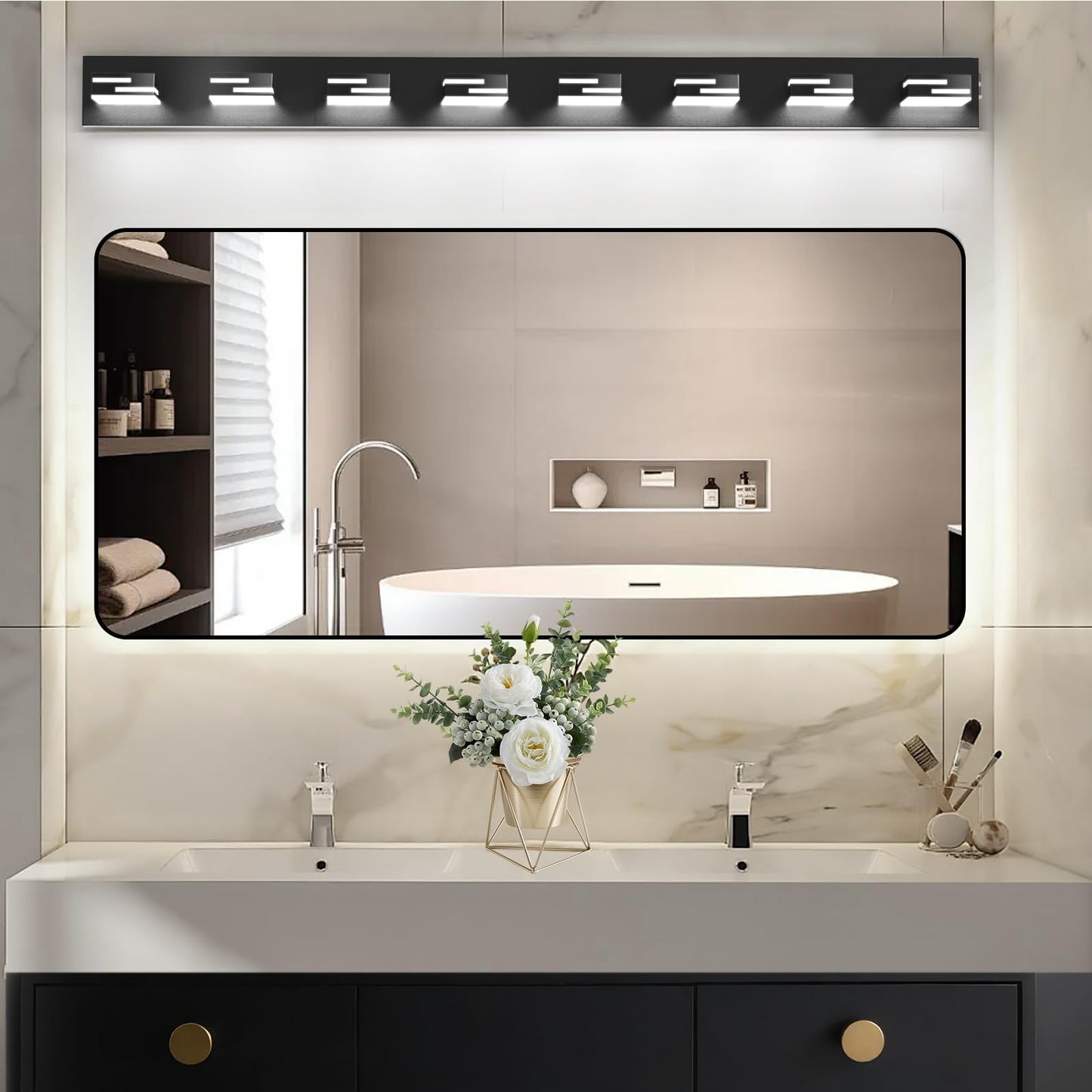 Lkhf Led Modern Bathroom Vanity Light Fixtures  8-Light 55-Inch Dimmable Matte Black Vanity Lights For Bathroom Lighting Fixtures Over Mirror  With 350?Rotatable Acrylic Heads (Cool White 6000K)
