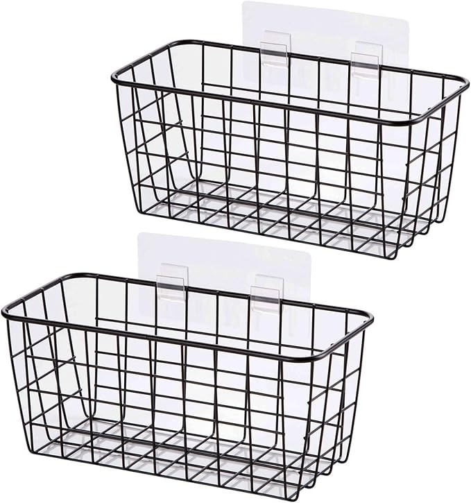 2 Set Adhesive Hanging Wall Basket Inside Cabinet Door Organizer,Wall StorageBasket-No Drilling Adhesive wall Basket for Cupboard Door, Space-Saving Small Hanging Baskets for Wall Mount Storage,Black