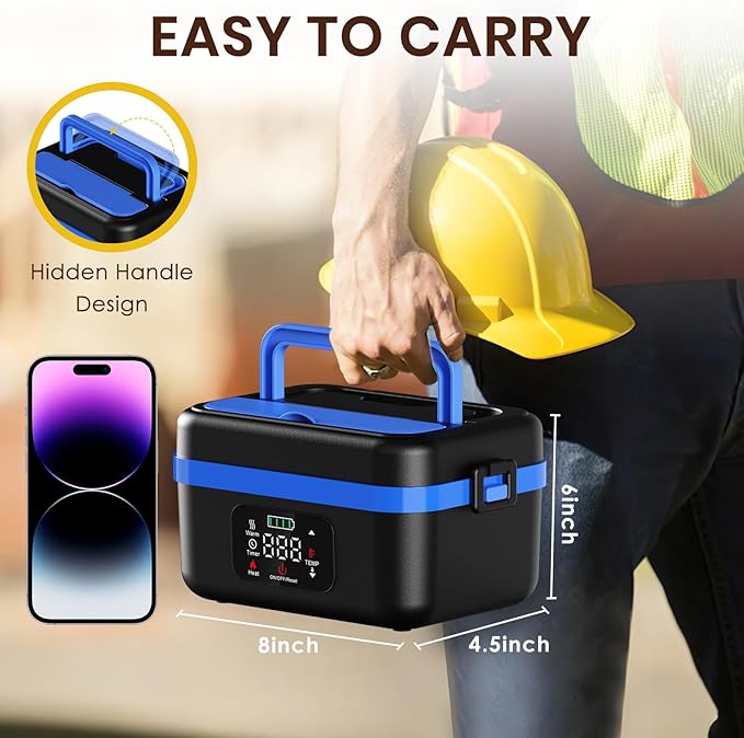 Cordless Electric Heated Lunch Box for Adults, Battery Powered Heated Lunch Boxes, 1 Liter Food Insulated Food Warmer Box with Fork and Spoon Insulated Carrying Pouch for Truck Drivers Blue Collar
