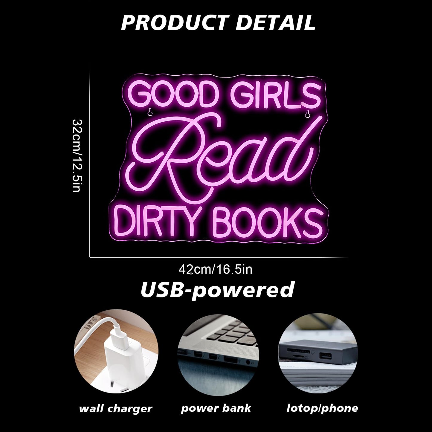 Jurong Led Neon Sign For Wall Decor  Good Girls Read Dirty Books Neon Light  Usb Powered Dimmable  5V/2A  16.5X12.5 For Home Book Party  Gift  Bedroom  Book Lover  Home Library