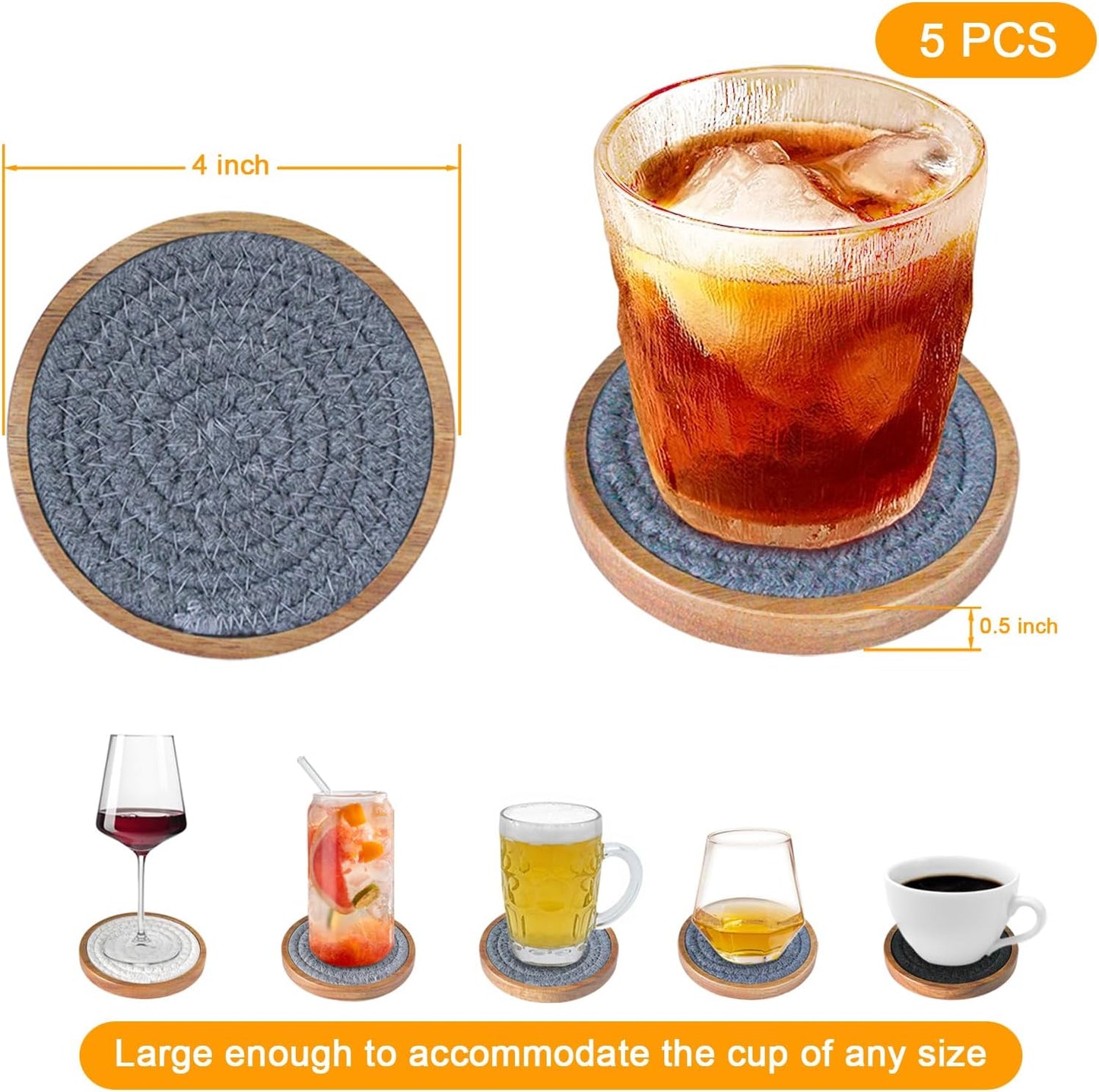 Coasters for Drinks Absorbent Sets of 5, Woven Coasters with Holder, Wood Coasters for Coffee Table, Housewarming Gift for Farmhouse Home Decor, 4 inches (Gray Series)