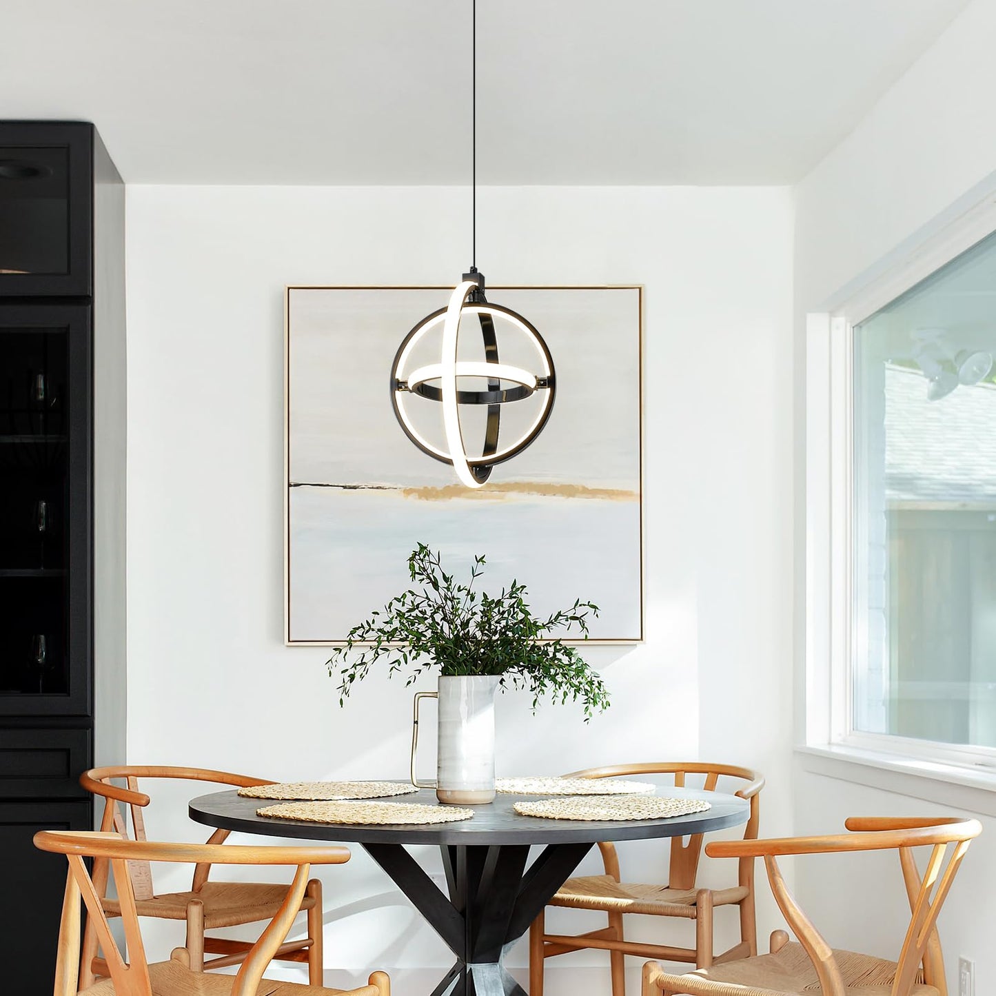 Bnhhlz Modern Led Pendant Light Black Pendant Lights 4000K Dimmable External Glow Height Adjustable Pendant Lighting For Kitchen Island Dining Room Bedroom Living Room Foyer(3-Ring)