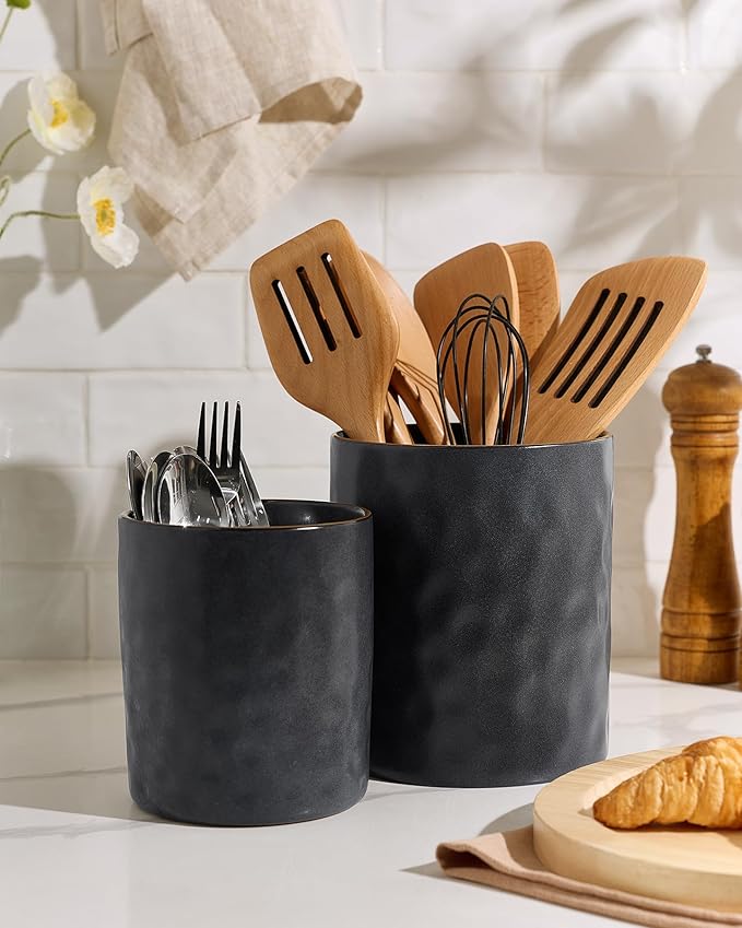 famiware Ocean Utensil Holder, 7.2"+5.8" Ceramic Kitchen Utensil Holder for Countertop, 2 Pieces Cooking Utensil Crocks, Utensil Organizer for Spatula & Spoon, Kitchen Decor, Set of 2, Matte Black