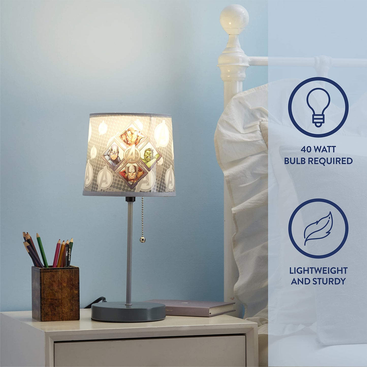 Idea Nuova Avengers Stick Table Lamp, Metal, Themed Printed Shade, Model WN240172, Perfect for Kids Rooms