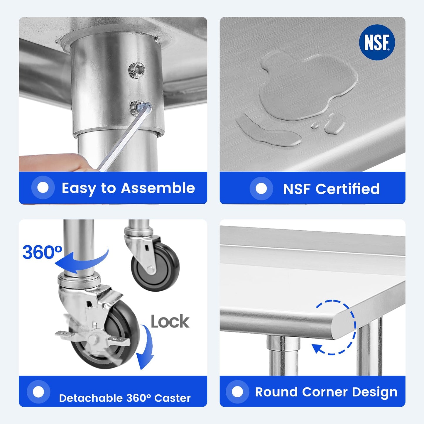 Stainless Steel Table for Prep & Work 24 x 72 Inches with Caster Wheels, NSF Commercial Heavy Duty Table with Undershelf and Backsplash for Restaurant, Home and Hotel