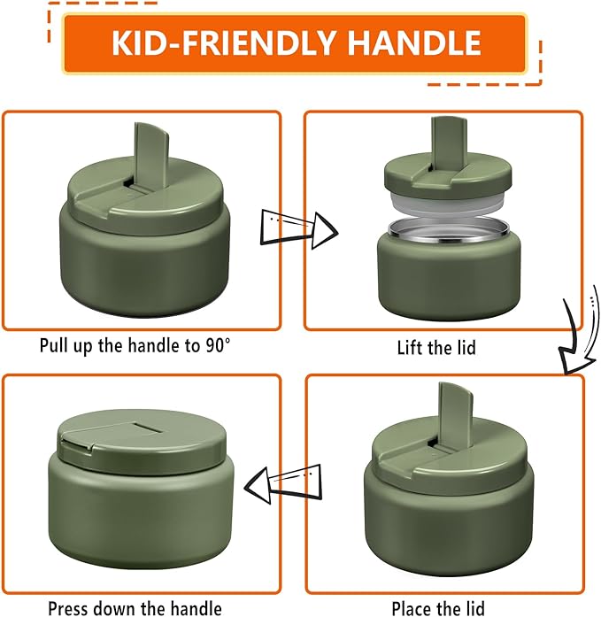 13.5oz Kids Jar for Hot Food, Insulated Vacuum Food Jar with Buckle Lid, Stainless Steel Wide Mouth Leak Proof Insulated Lunch Container for School Picnic Travel, Green