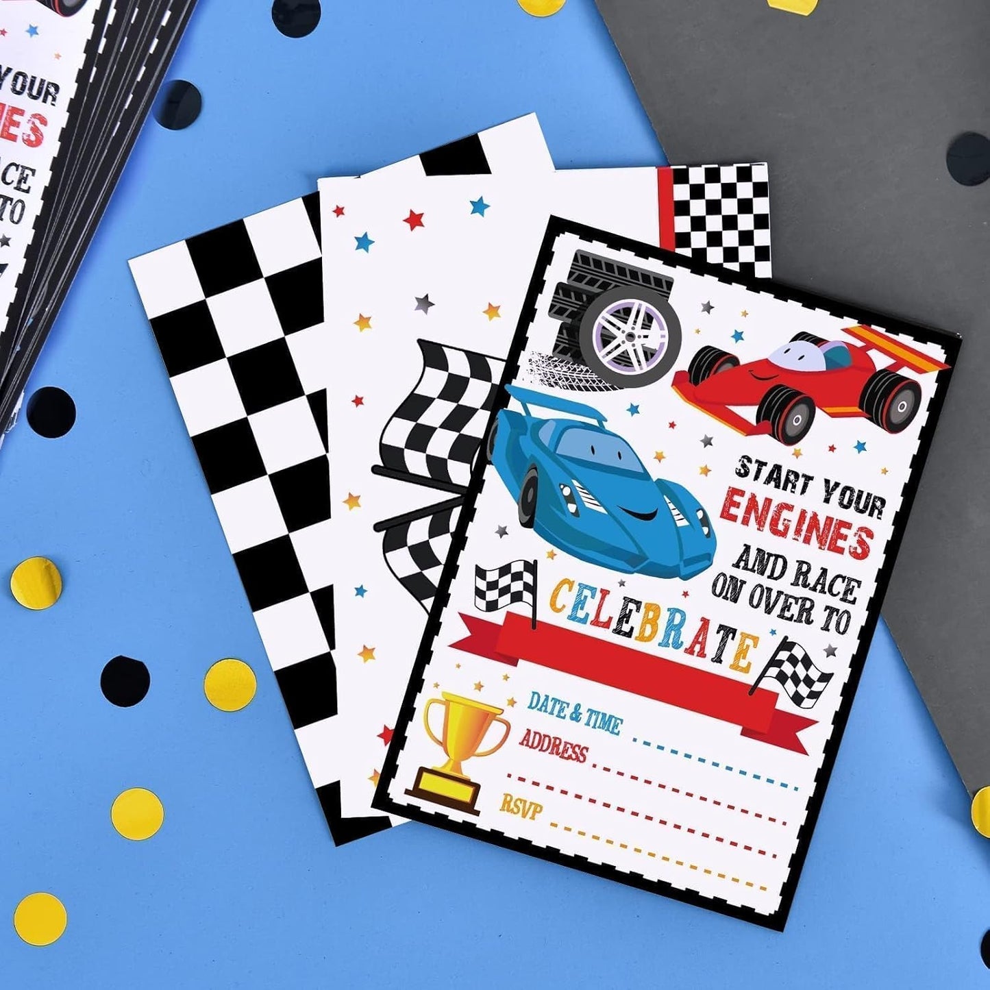 WERNNSAI 20 Count Racing Car Party Invitation - Race Car Birthday Invitation with Envelopes for Boys Kid Cars Party Supplies Racing Birthday Invite Cards Fill-in Style for Baby Shower Graduation Favor