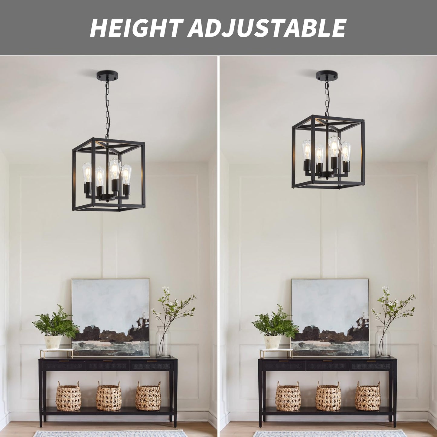 Lanhall 4-Light Farmhouse Chandelier, Adjustable Height, Metal Cage, Black Pendant Lighting For Kitchen, Dining Room, Living Room, Bedroom