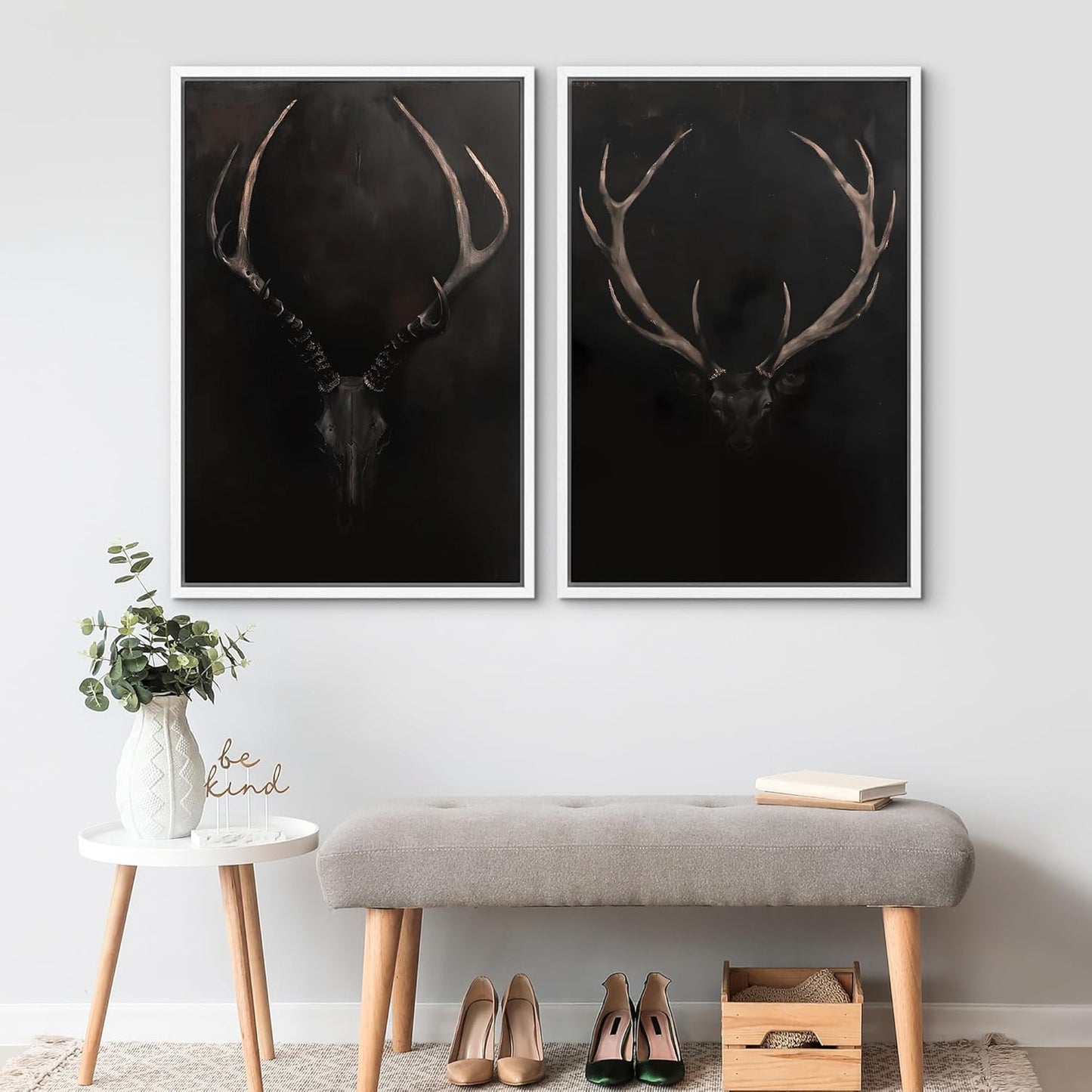 SIGNWIN Framed Canvas Print Wall Art Rustic Antler Skull Dark Dramatic Black Vintage-Inspired Deer and Elk Antlers Illustrations Decorative for Living Room, Bedroom, Office - 24"x36"x2 White