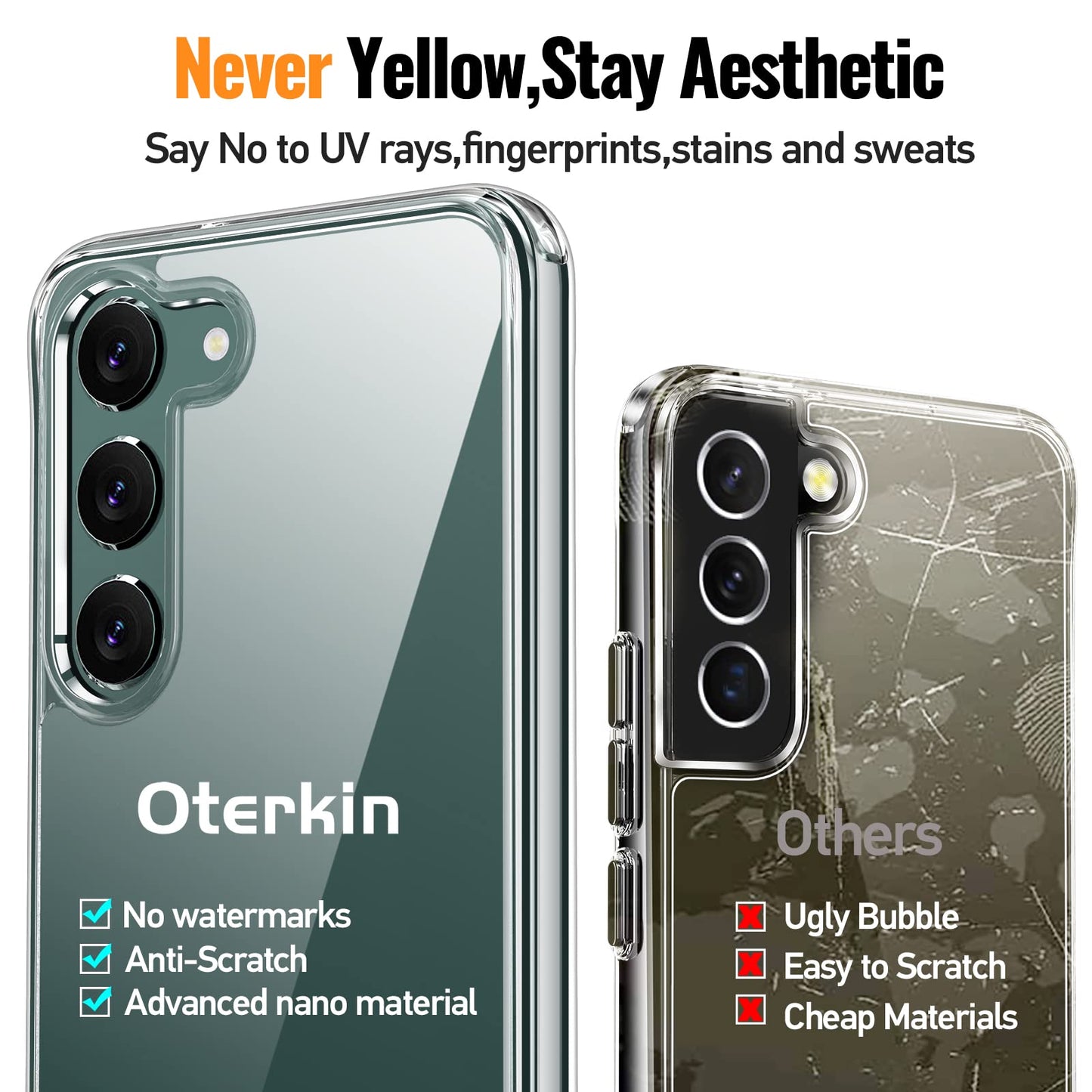 Oterkin For Samsung Galaxy S23 Case,[Anti-Yellowing Technology] With [2Pcs Tempered Glass Screen Protector][Built-In 4 Airbags][