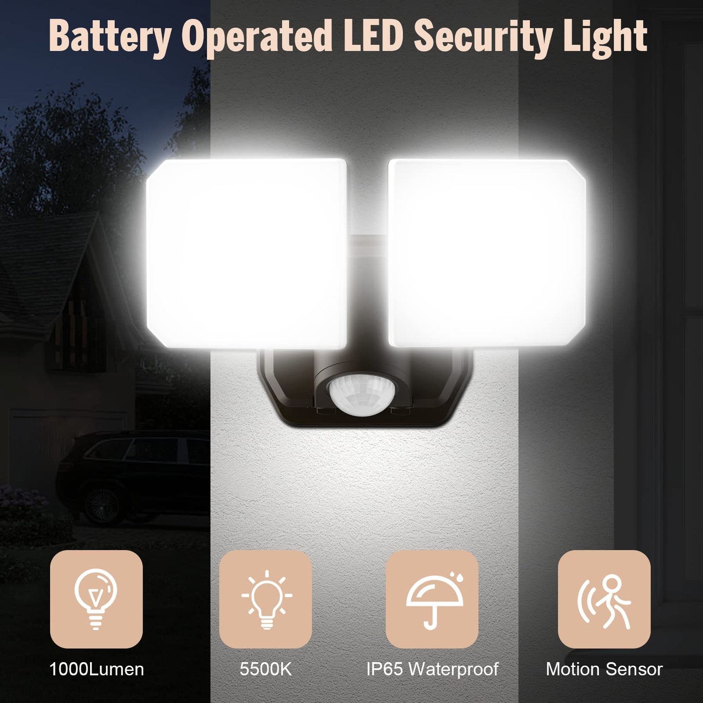 FLITI Battery Powered Motion Sensor Security Light, 1000LM, 5000K, 49FT Sensing Distance, ABS, Outdoor Battery Light, Model: battery-light-3.2