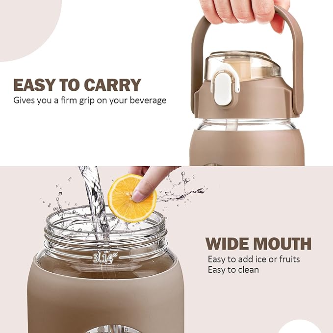 kytffu 42oz Glass Water Bottles with Straw, Motivational Glass Bottle with Silicone Sleeve and Time Marker, Leakproof Large Glass Water Jug for Gym Home Office,Amber