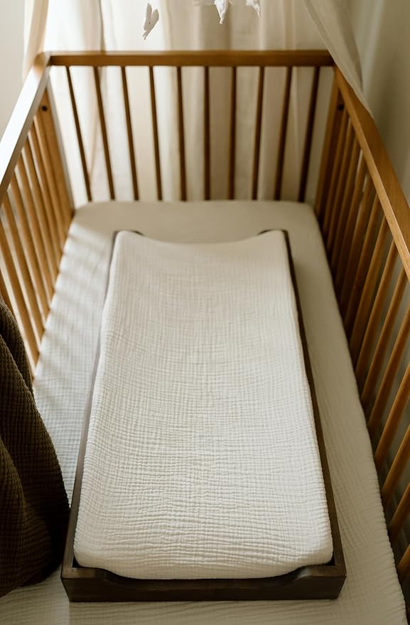 Oilo Muslin Changing Pad Cover, Ultra Soft Breathable 100% Organic Cotton Muslin, Fitted, Machine Washable, Fits Standard Changing Pads (32" x 16"), Heirloom Organic Collection, Eggshell Creme