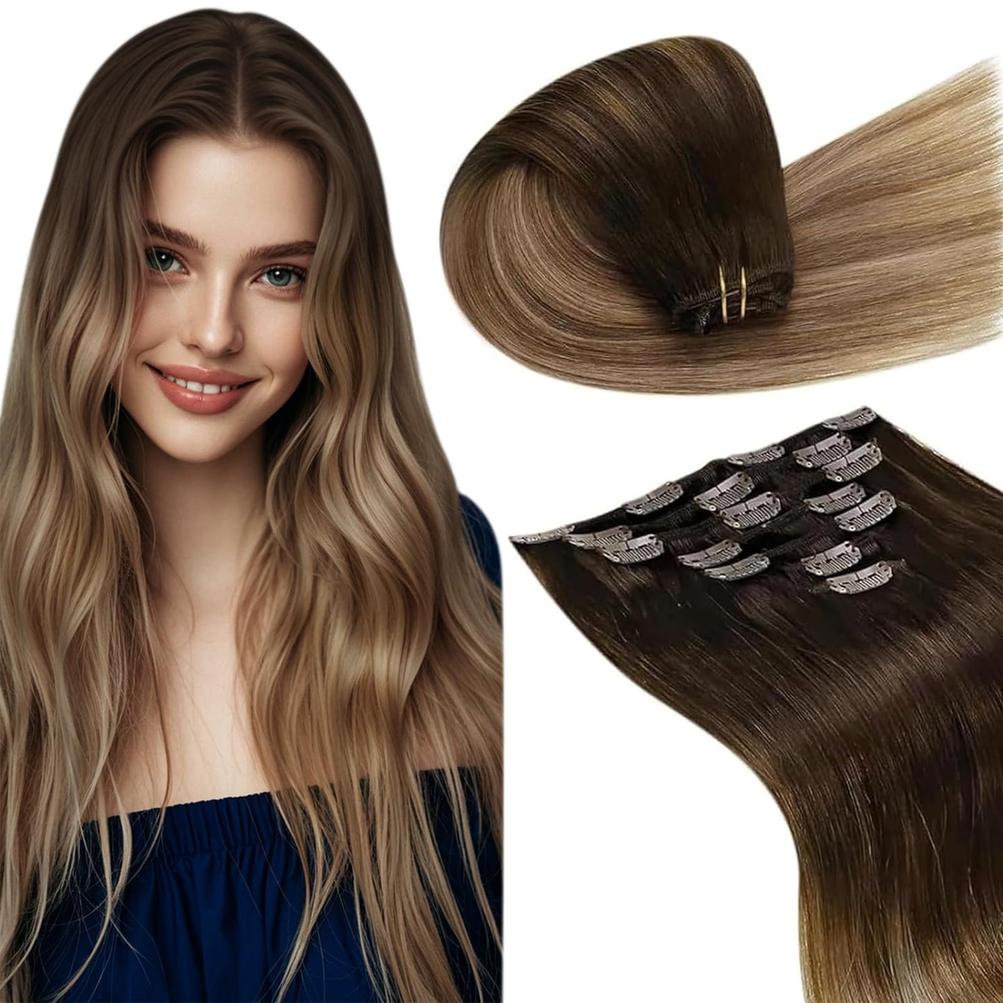 LaaVoo Real Hair Extensions Clip in Human Hair Brown Ombre Human Hair Clip in Extensions Darkes Brown To Ash Blonde Balayage 14
