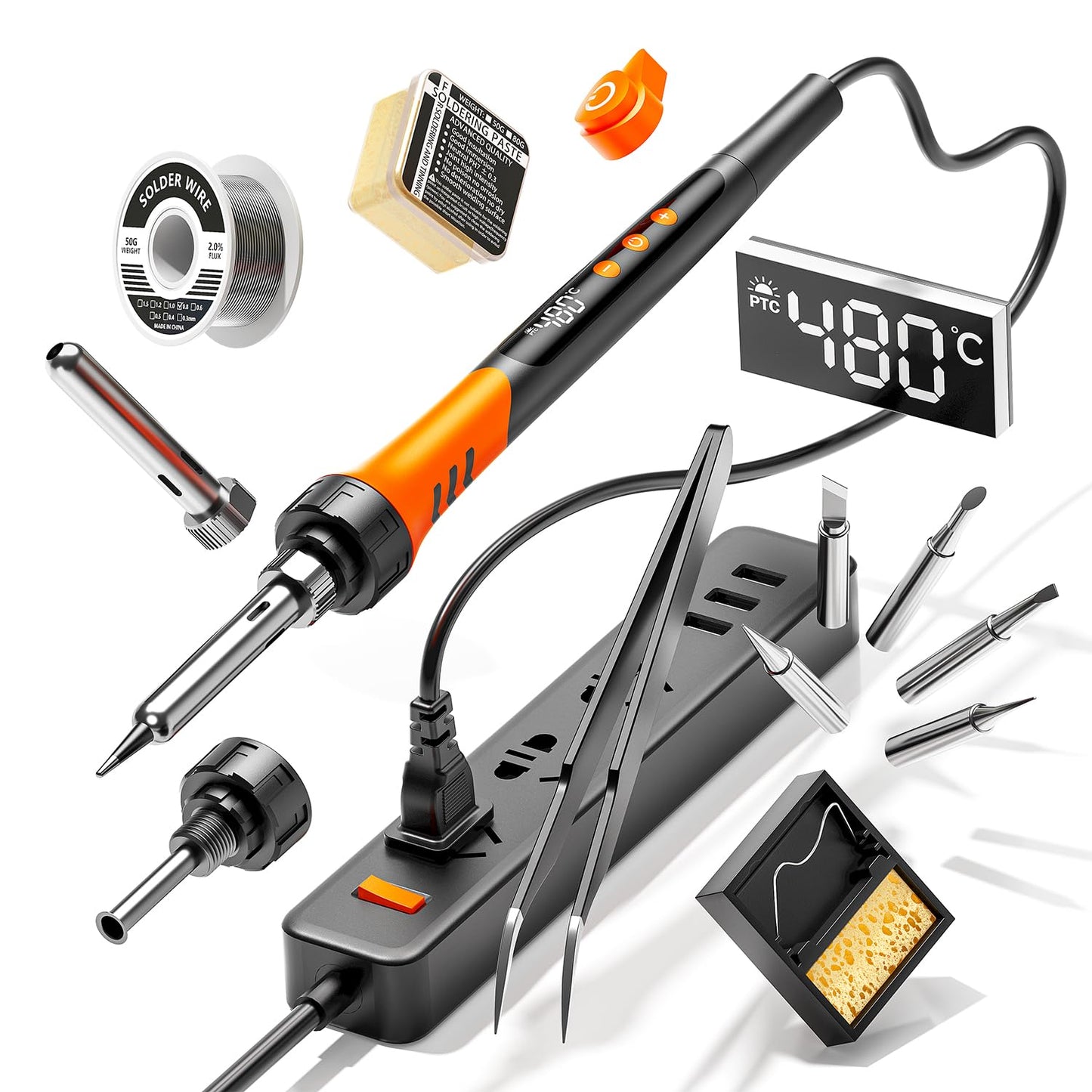 90W 110V LCD Soldering Iron, Soldering Iron Kit, 10-in-1 Soldering gun Tool, 5 Soldering Iron Tips, Solder Wire, Solder Paste, Adjustable Temperature Range 180-480°C