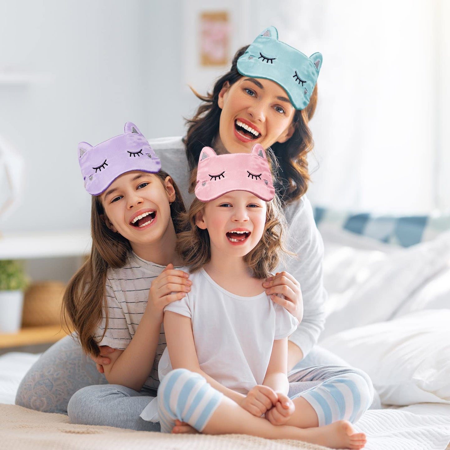 Haysandy 3 Pieces Sleep Mask for Kids Girls Cute Cat Sleeping Eye Cover Soft Mask Comfortable Funny Animal Night Eye Blindfold Cover for Kids Girls Women Home Travel(Silk Cat)