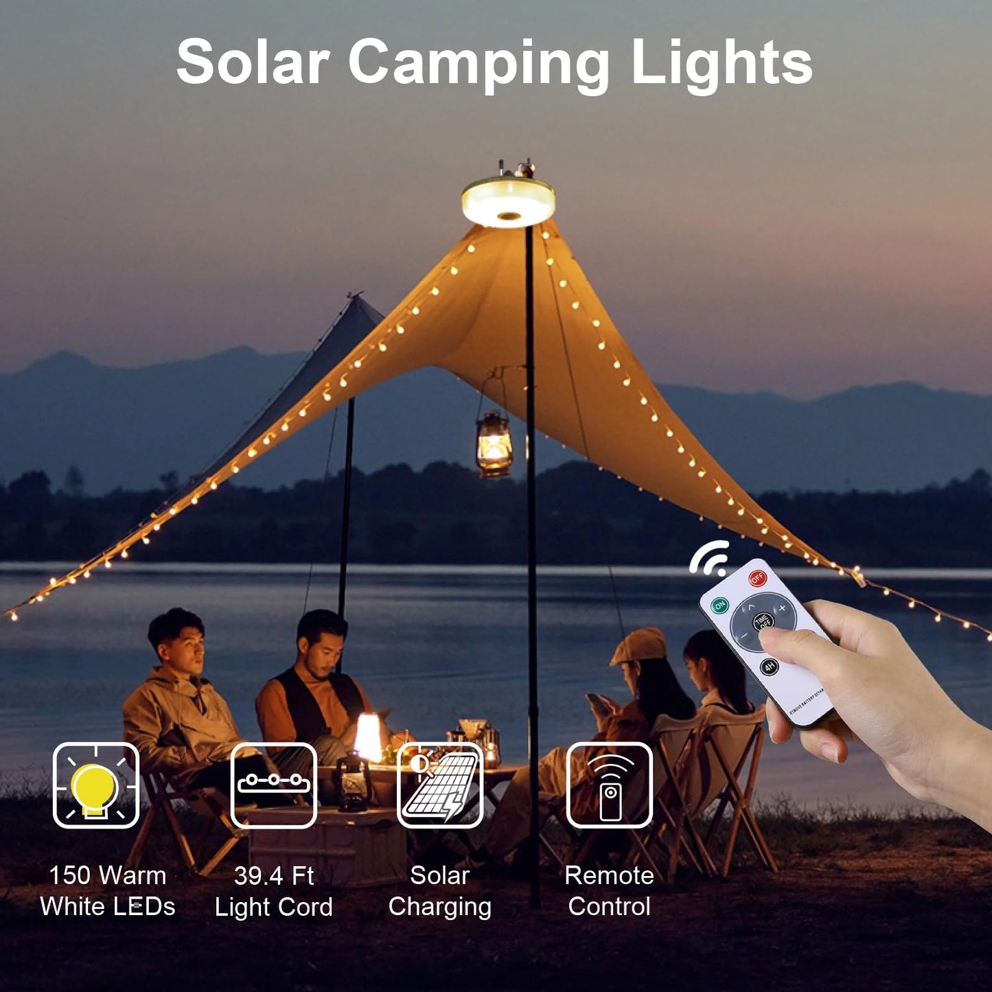 MDCMLKS Solar Camping String Lights, 39.4FT, 2-Pack, Waterproof, 8 Lighting Modes, Green, Model SCSL-1