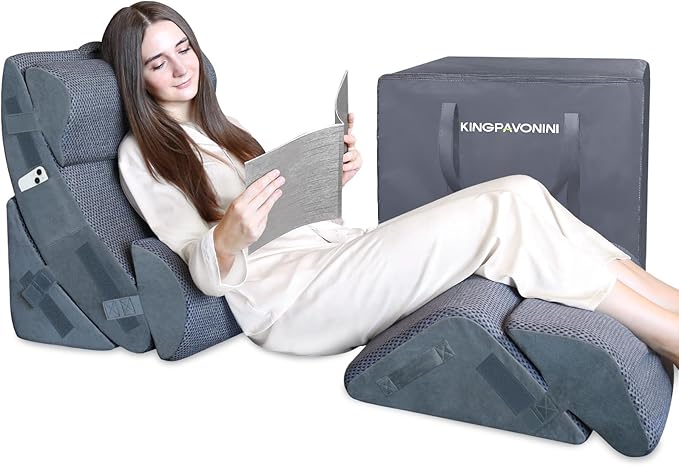 KingPavonini 6PCS Orthopedic Bed Wedge Pillow for Sleeping, Post Surgery Memory Foam for Back, Neck, Leg Support, Acid Reflux, Gerd with Travel Bag (Gray, 20'')