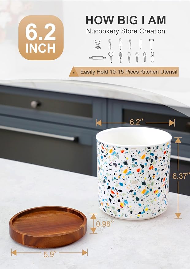 Nucookery 360°Rotating Utensil Holder, 7.2" Kitchen Utensil Crock, Ceramic Cooking Utensil Organizer with Countertop-Protection Cork Bottom for Farmhouse Kitchen Decor Christmas (Marble Pattern)