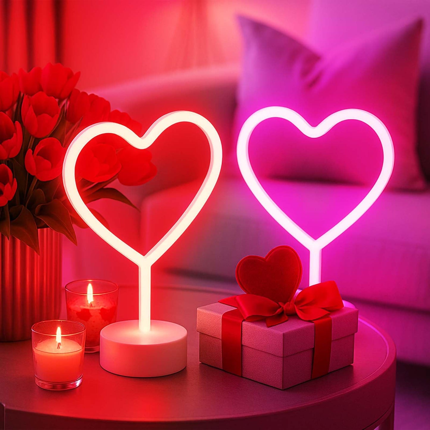 BHCLIGHT 1PK Pink & 1PK Red Heart Neon Sign, Valentines Day LED Neon Light Battery Operated or USB Powered Valentines Heart Lights, Table Lamp for Galentines Day Decorations, Gifts for Women, Lover.