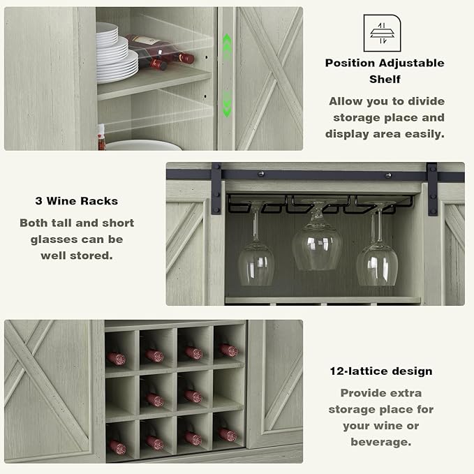 Farmhouse Wine Bar Cabinet with Storage, Liquor Cabinet with Rack for Inside Cabinet, Coffee Bar Cabinet with Sliding Barn Door, Buffet Table for Kitchen, Living Room, 54 Inch (Antique White)
