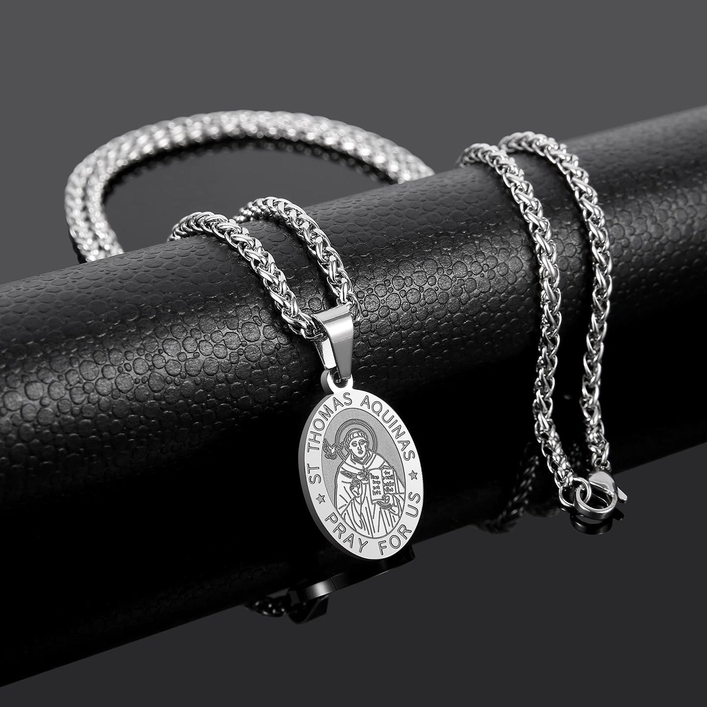 P. BLAKE St Saint Thomas Aquinas Medal Necklace for Men, Oval Stainless Steel Religious Catholic Saint Thomas Pendant Chain