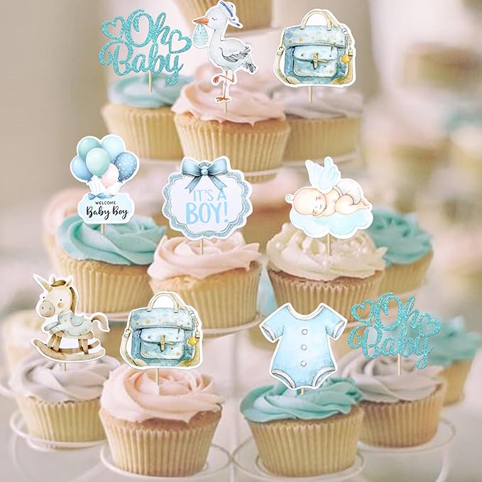 Rsstarxi 40 Pack Baby Cupcake Toppers Oh Baby Shower Decorations - Trojan Horse It's a Boy Cupcake Picks for Welcome Baby Boys Birthday Party Cake Decorations