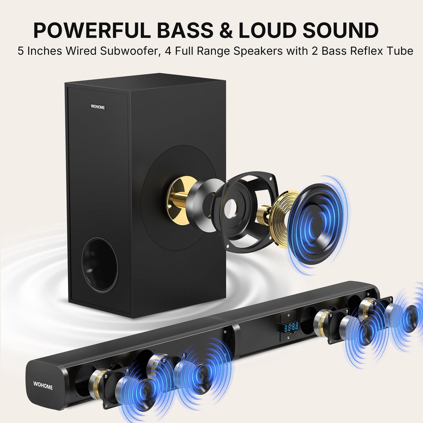 Wohome 2 In 1 Detachable Sound Bar With Subwoofers, 4.1 Channel Bluetooth Sound Bar For Smart Tv, Home Theater Surround Sound Sy