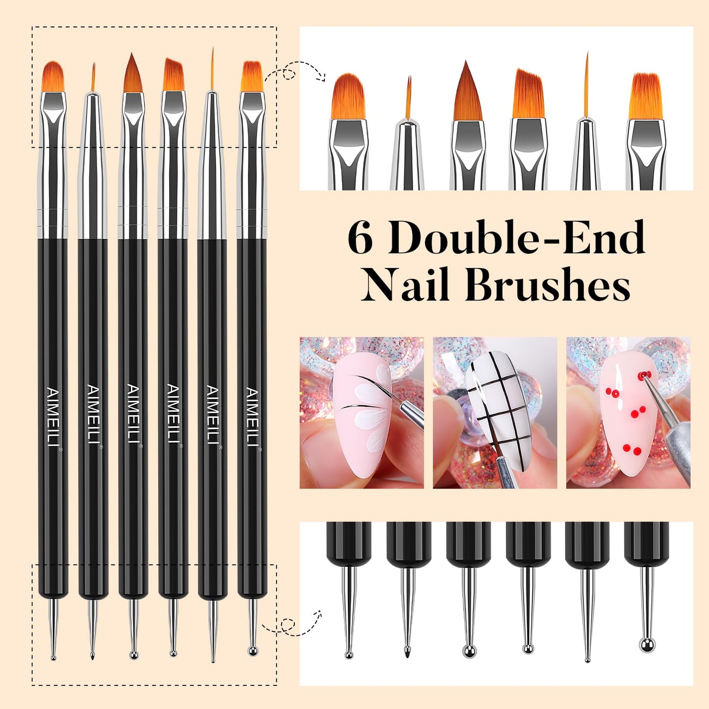 AIMEILI Nail Dotting Tools for Gel Nail Polish Nail Art, 6PCS Double-ended Liner Brushes Design Pen French Nail Brush DIY Manicu