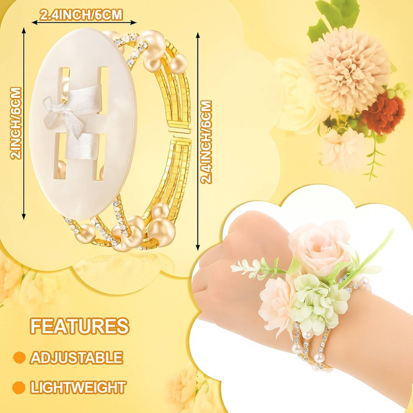 Hotop 4 Pcs Corsage Wrist Bracelet Bands Bride Pearl Rhinestone Bracelet Elastic Wrist Corsage DIY Wedding Wristband Faux Pearl