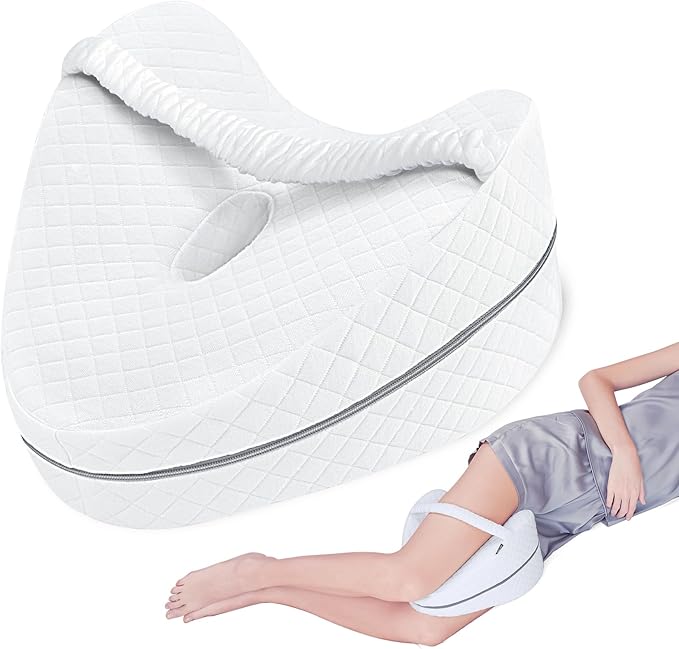 SAHEYER Knee Pillow for Side Sleepers, Memroy Foam Leg Pillow for Side Sleeping, Leg Elevation Pillow, Washable Cover Hip Pillow for Sciatica Relief, Post Injury Recovery - with Adjustable Strap